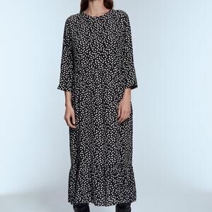 Zara Printed Three Quarter Sleeve Oversized Dress Size L Large Navy Cream